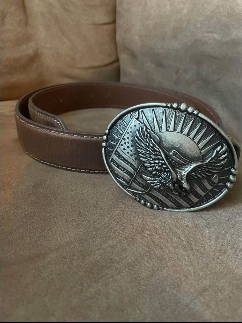 Brown Men's Leather Belt with Eagle Flag Buckle